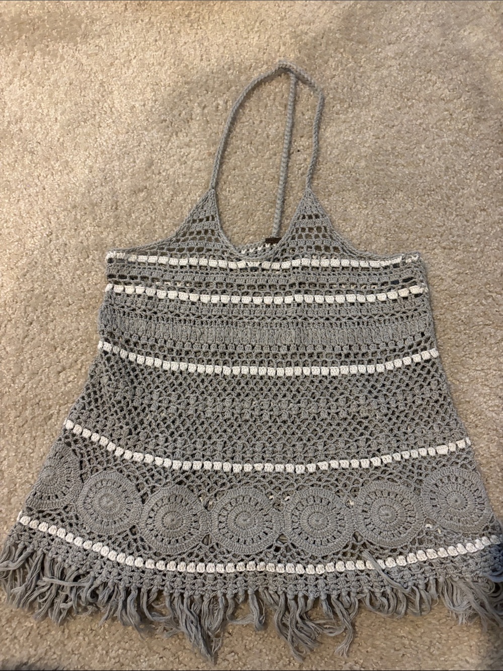 Poof! Gray Crochet Halter Tank Top with White Accents